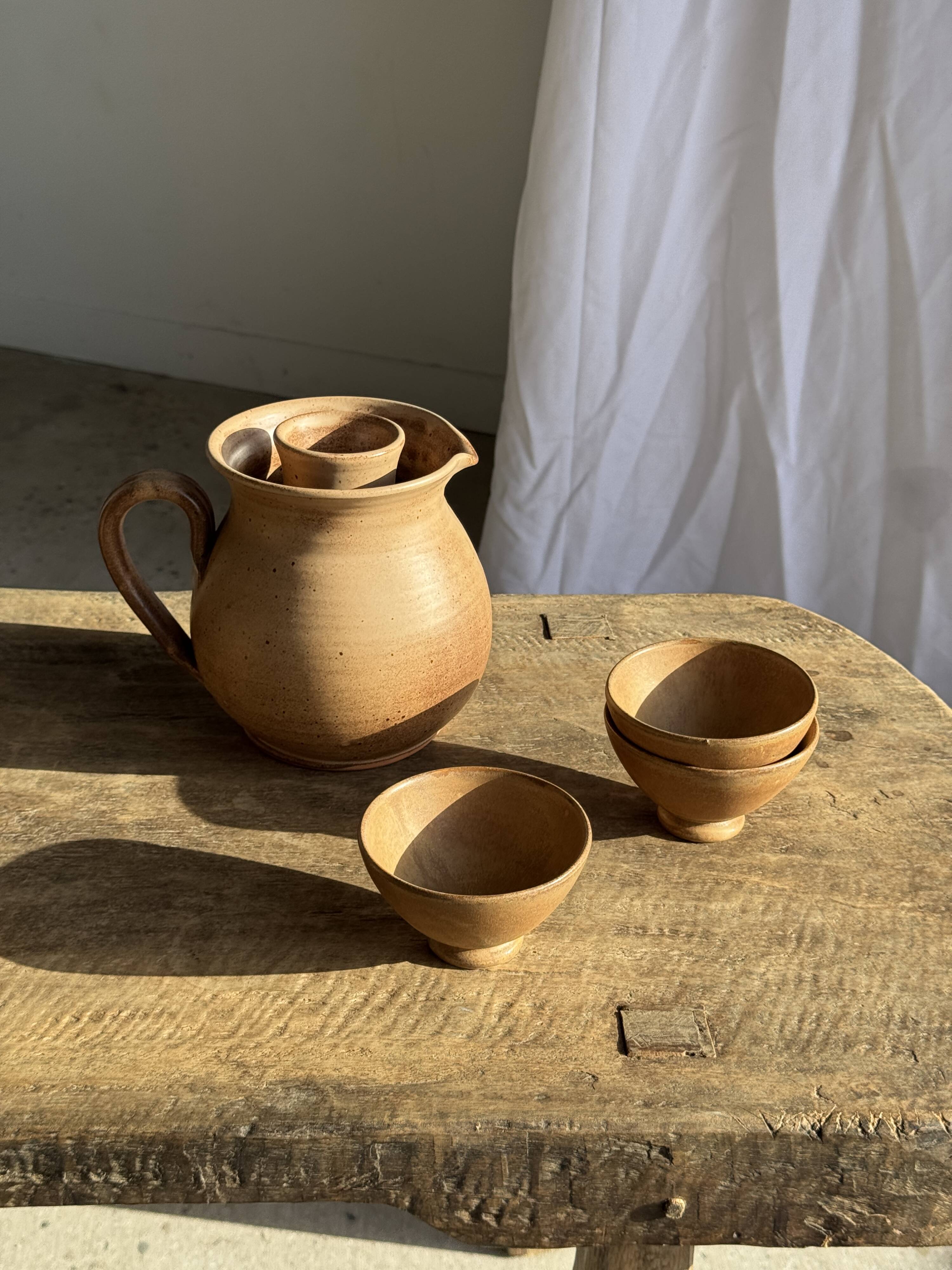 Vintage brutalist stoneware pink wine cooler pitcher H19