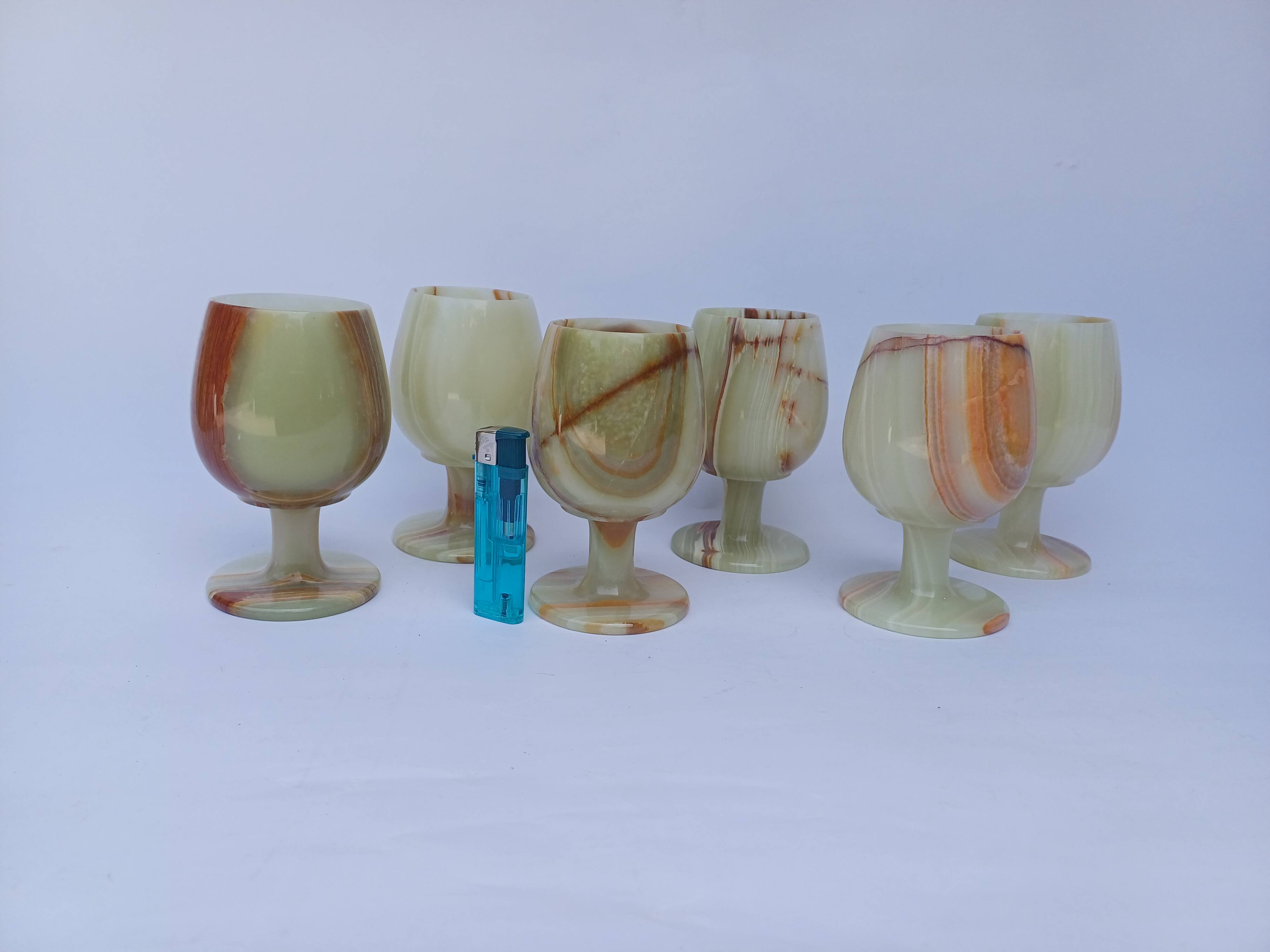 set of 6 green alabaster stone wine goblet stemmed glasses