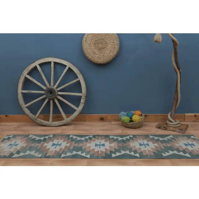 1970s Vintage Turkish Handmade Wool & Cotton Green Runner Rug  73x291