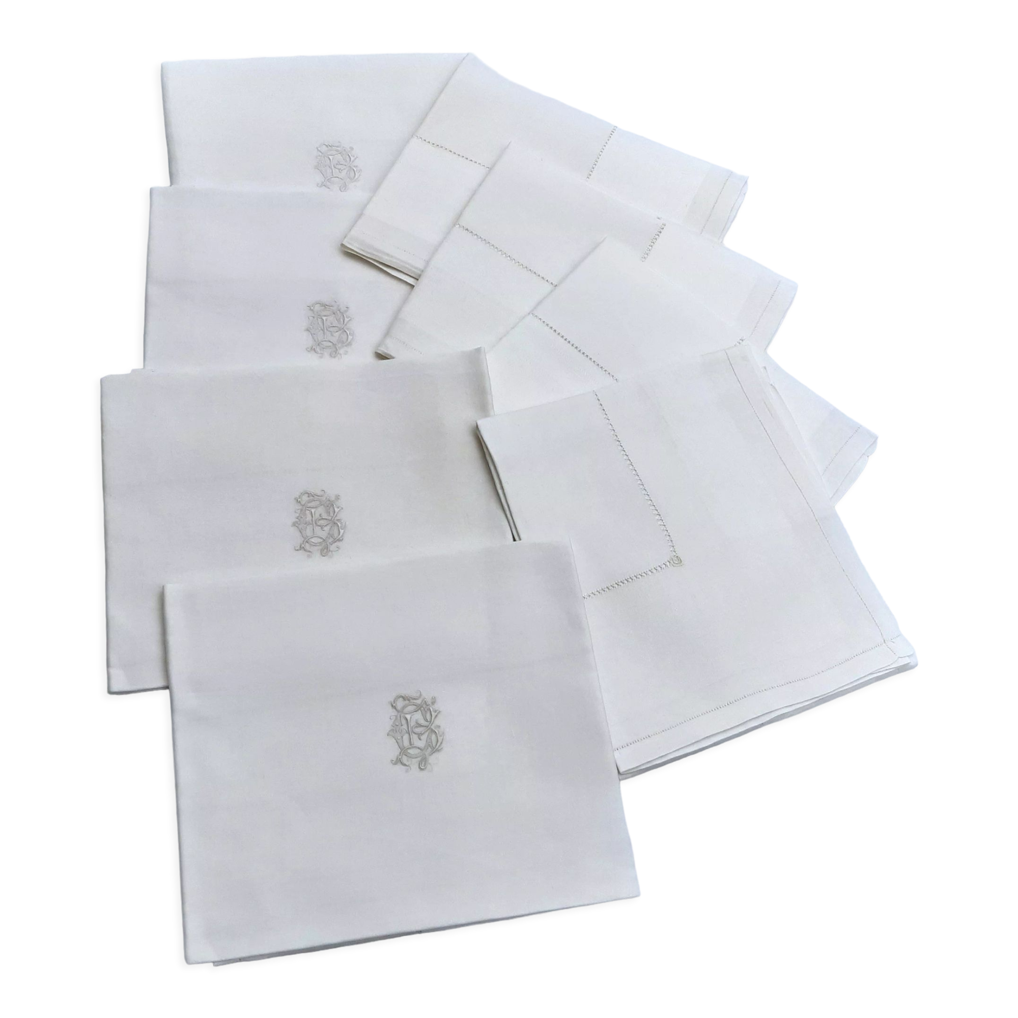 Set of 8 satin damask tablecloths, 19th, monogrammed "BG"