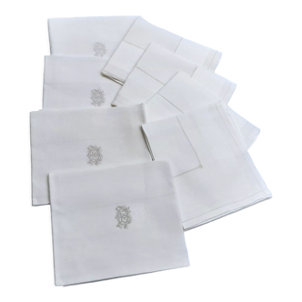 Set of 8 satin damask tablecloths, 19th, monogrammed "BG"