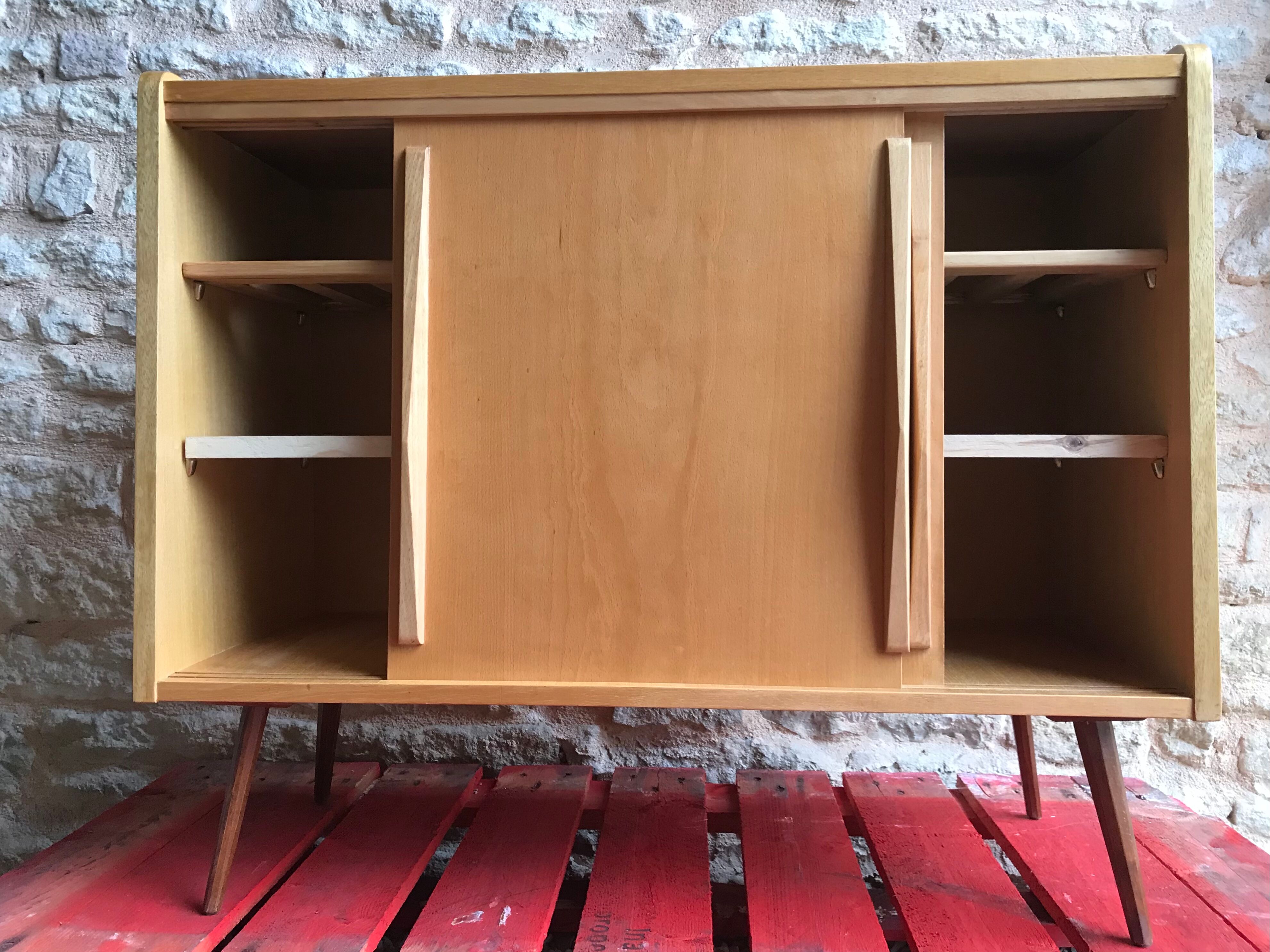 Vintage storage cabinet sliding doors feet compass