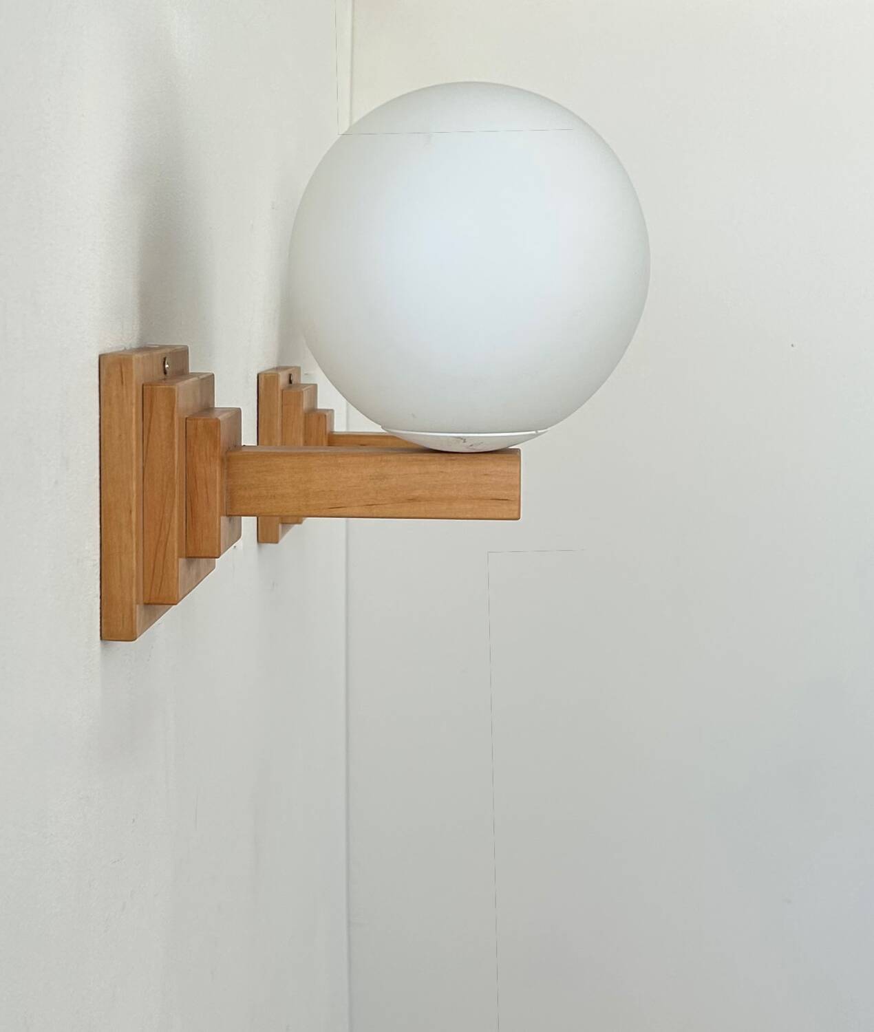Pair of vintage wall lights, oak and opaline, France 1960
