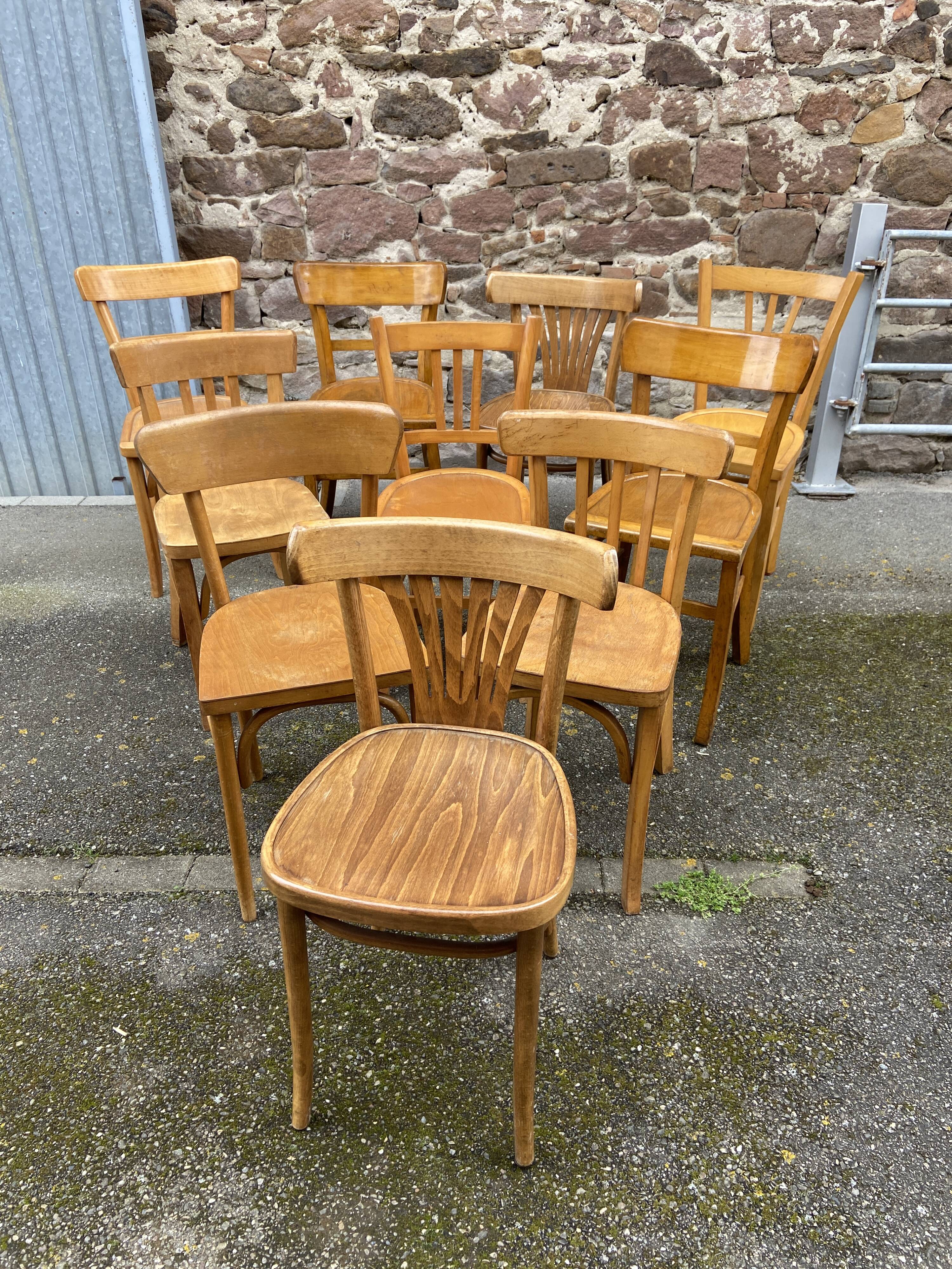 Set of 10 mismatched bistro restaurant chairs 1960 curved wood brasserie