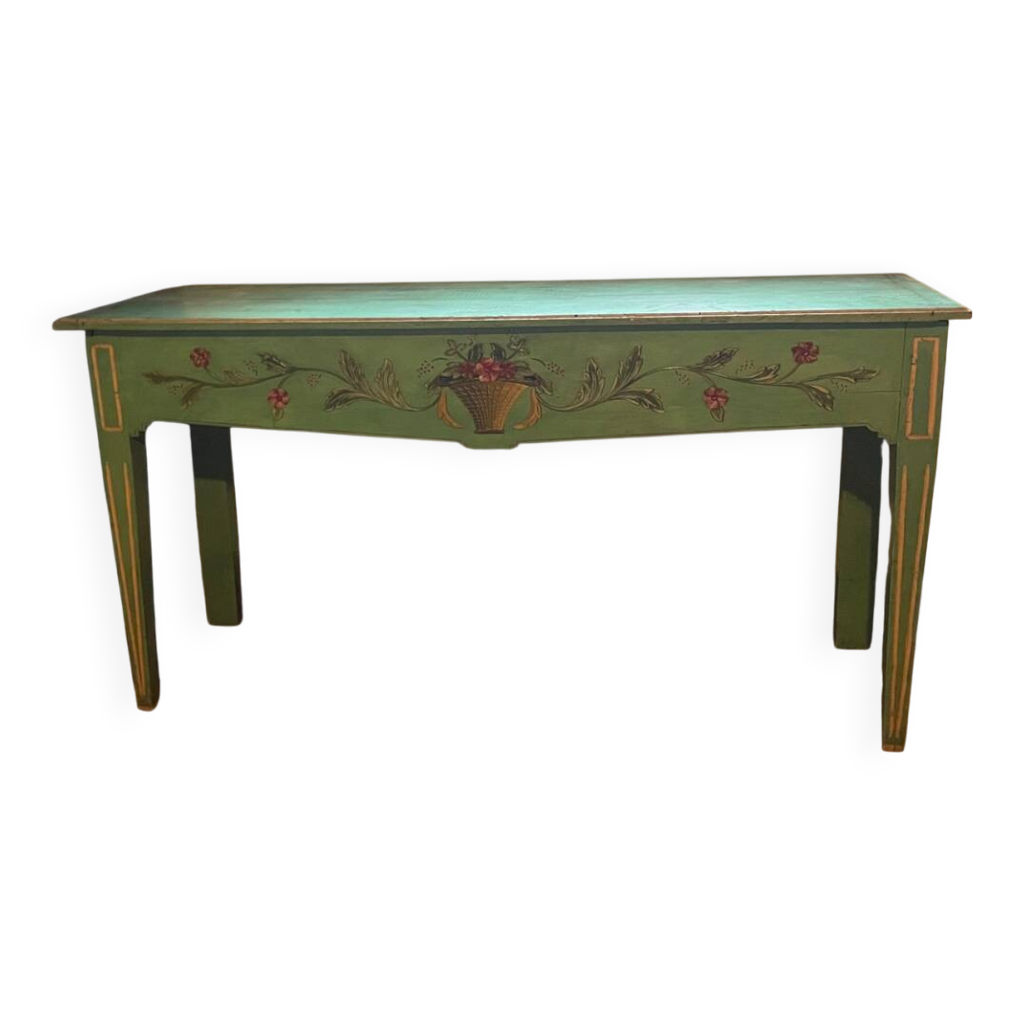 Console ancienne en bois vert et motifs floraux