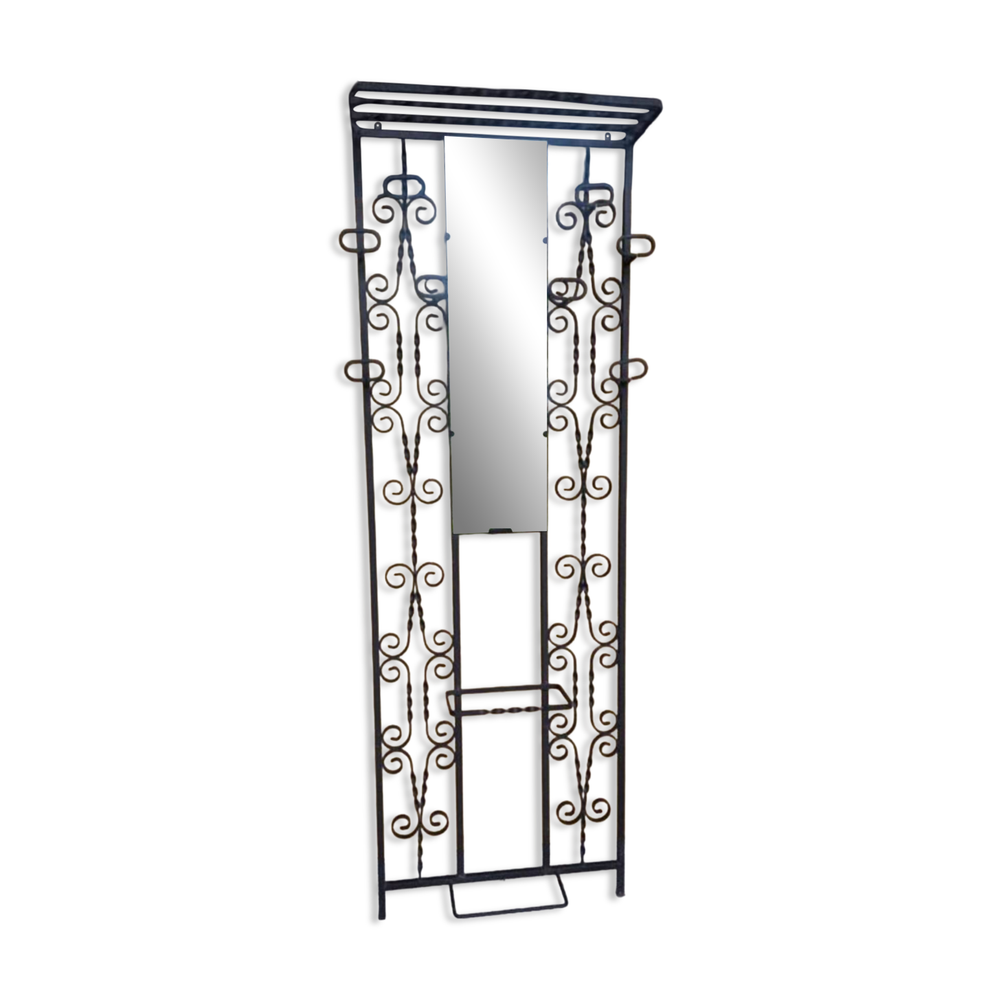 Large vintage wall coat rack in wrought iron with mirror and shelf.