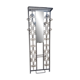 Large vintage wall coat rack in wrought iron with mirror and shelf.