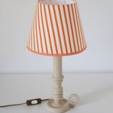 Candlestick lamp, Antique turned wooden base & Striped lampshade