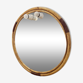 Round rattan and bamboo mirror with integrated lighting