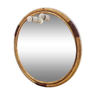 Round rattan and bamboo mirror with integrated lighting