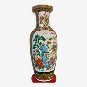 Chinese baluster porcelain vase with polychrome decoration of flowers and pagoda size xxl