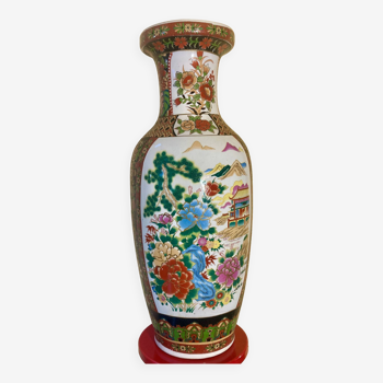 Vase balustre chinois porcelaine à décor polychrome fleurs et pagode taille xxl