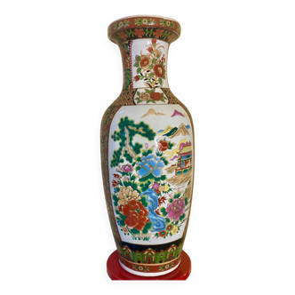 Vase balustre chinois porcelaine à décor polychrome fleurs et pagode taille xxl