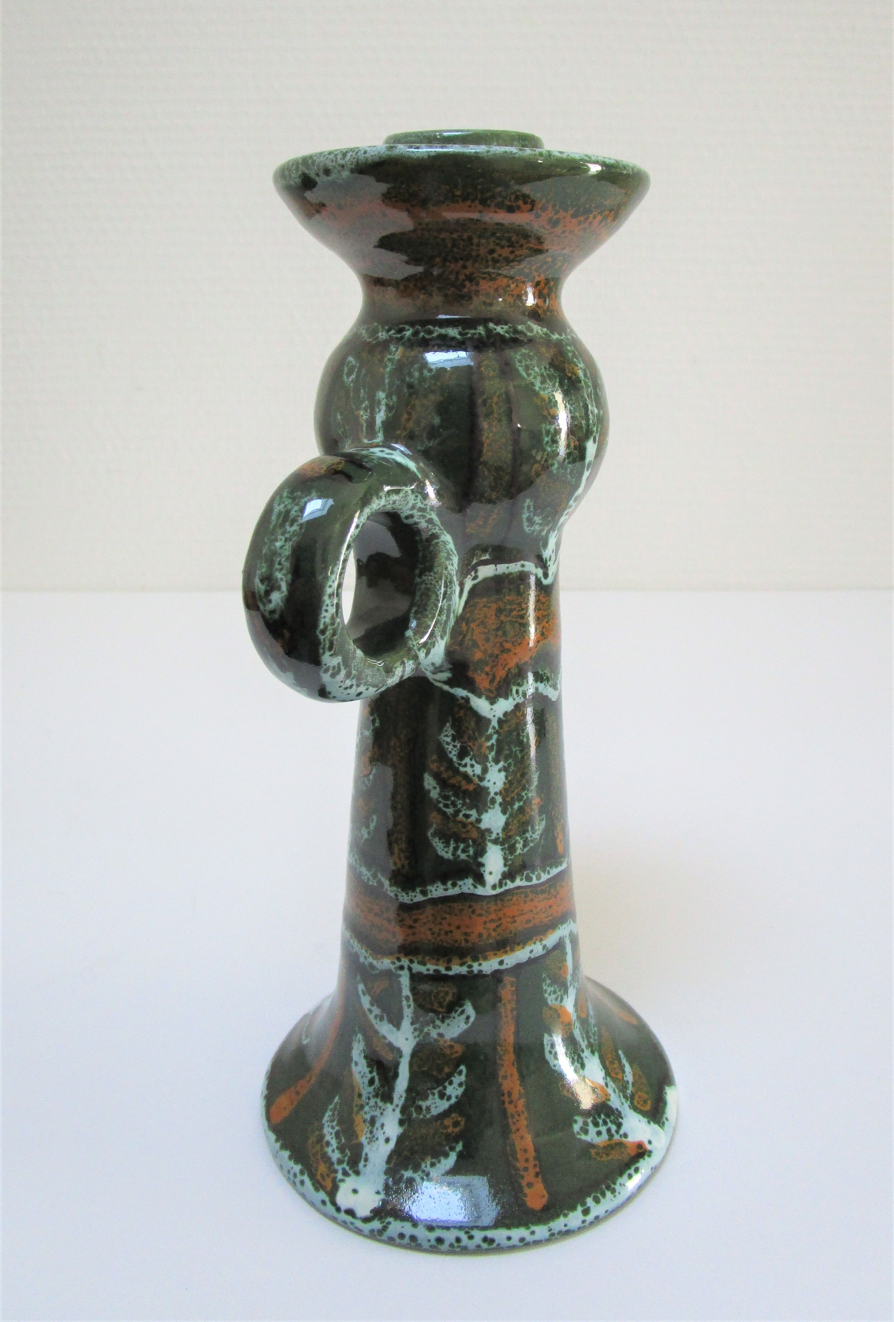 enamelled ceramic candle holder signed "S" plant decoration 70s