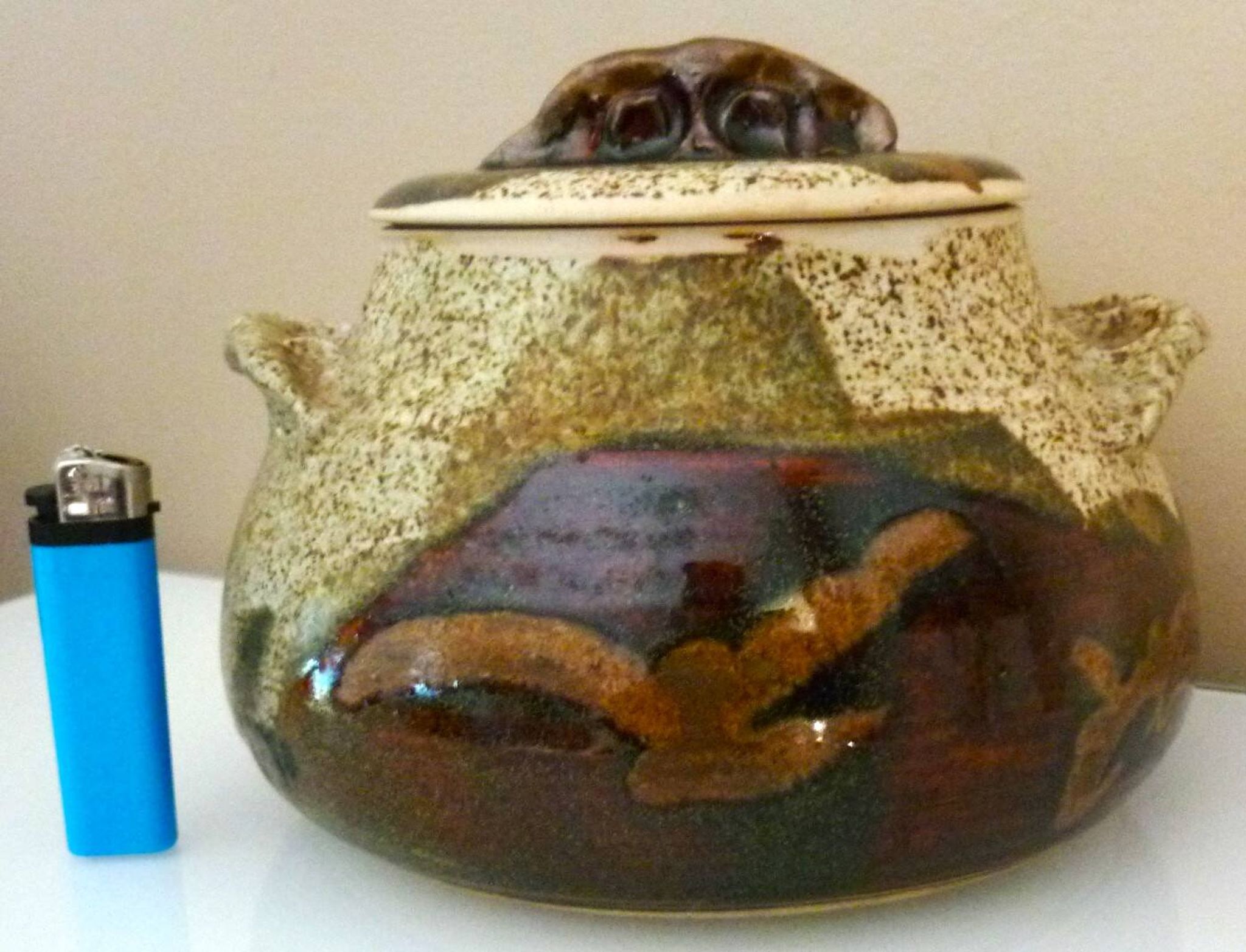 Vegetable dish, covered pot, glazed ceramic art, 1970s, signature to be identified