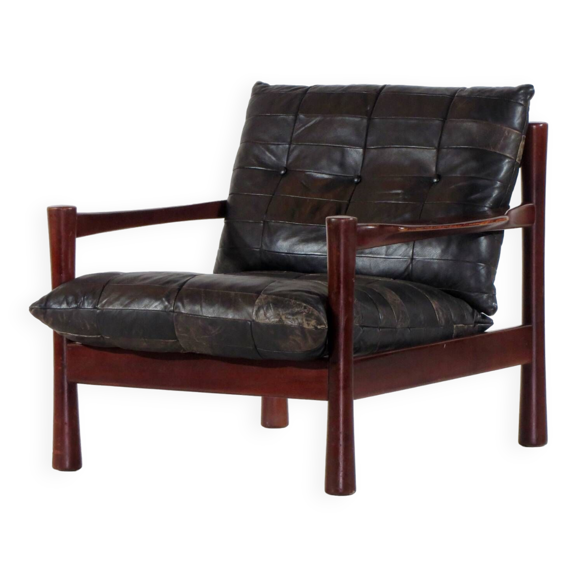 Vintage Mid Century Black Leather Patchwork Lounge Chair, 1960s