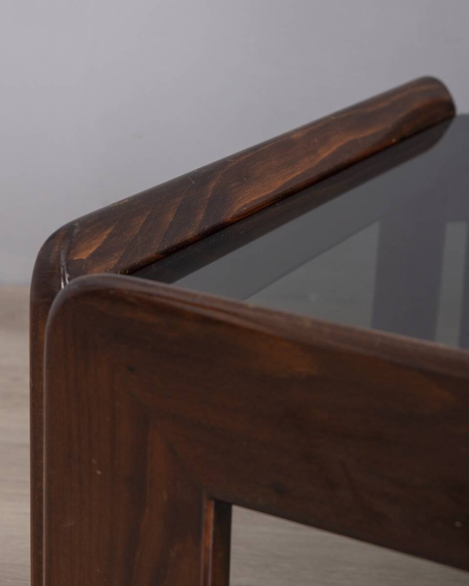 VINTAGE 1970S COFFEE TABLE IN WOOD AND GLASS DESIGNED AFRA E TOBIA SCARPA