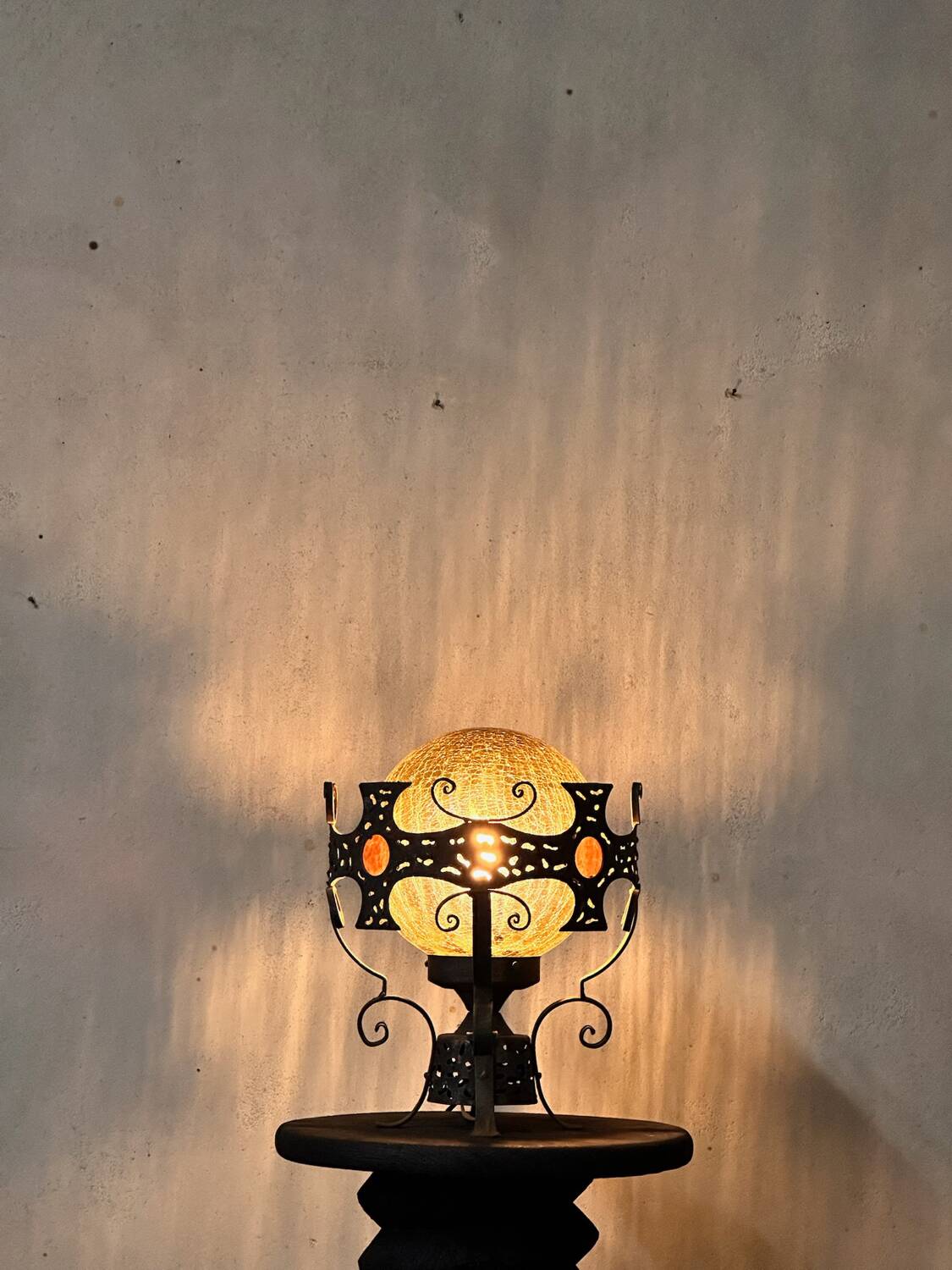 Large vintage wrought iron and glass pendant lamp