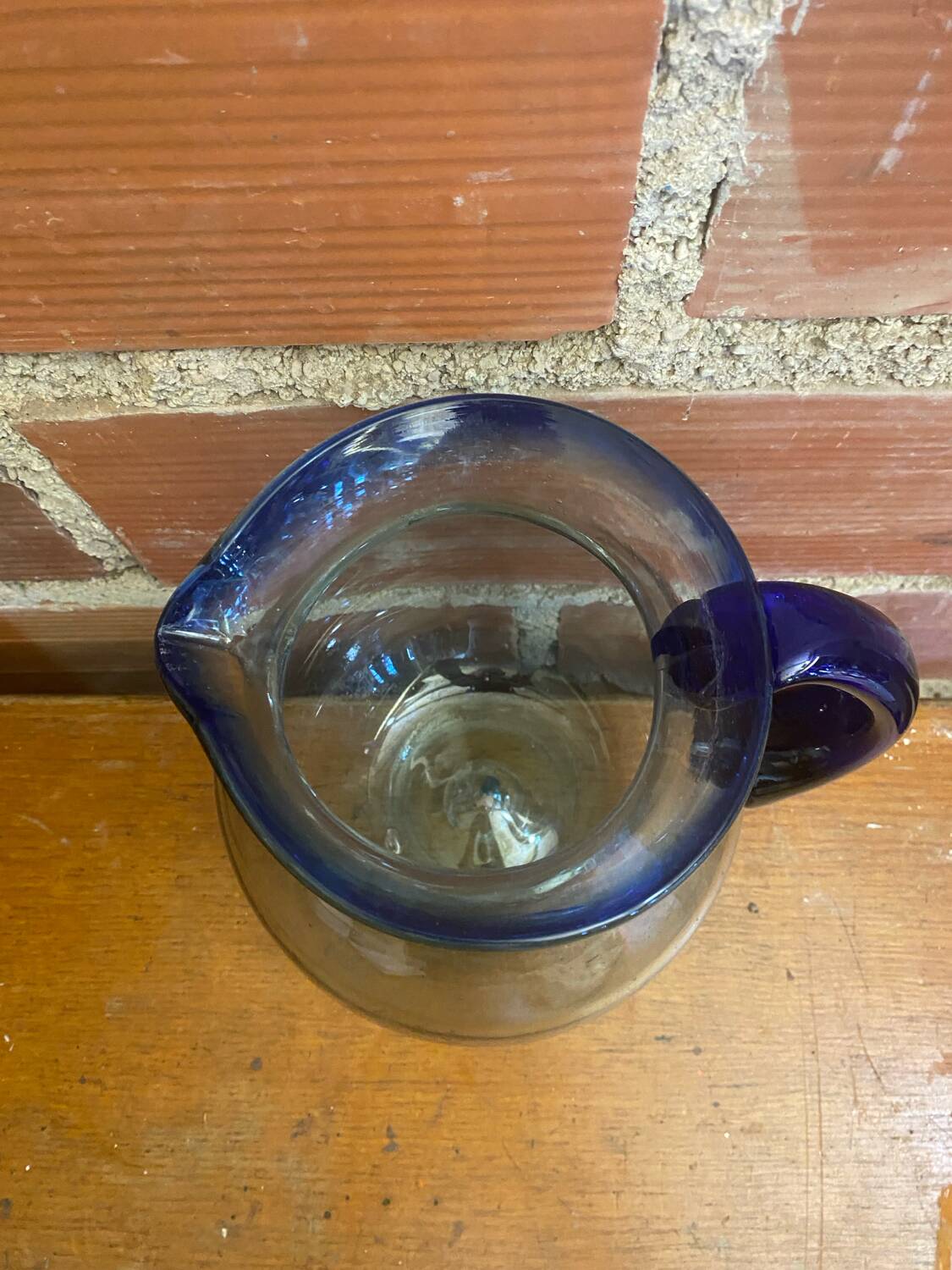 Antique Blown Bubble Glass Pitcher Transparent & Cobalt Blue 2L Vintage