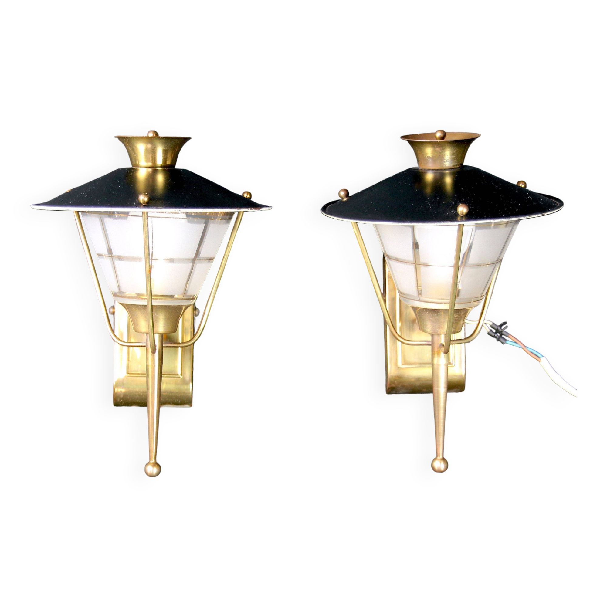 Pair of Sconces or Lanterns, Brass and Glass Maison Lunel, Mid-Century, France