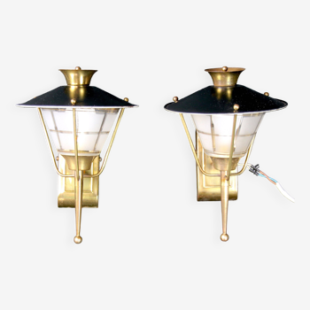 Pair of Sconces or Lanterns, Brass and Glass Maison Lunel, Mid-Century, France