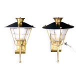 Pair of Sconces or Lanterns, Brass and Glass Maison Lunel, Mid-Century, France