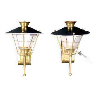 Paire d'Appliques ou Lanterne, laiton et verre Maison Lunel, Mid-Century, France