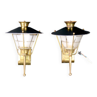 Pair of Sconces or Lanterns, Brass and Glass Maison Lunel, Mid-Century, France