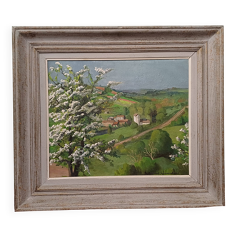 Tableau HST paysage printanier signé vintage 70