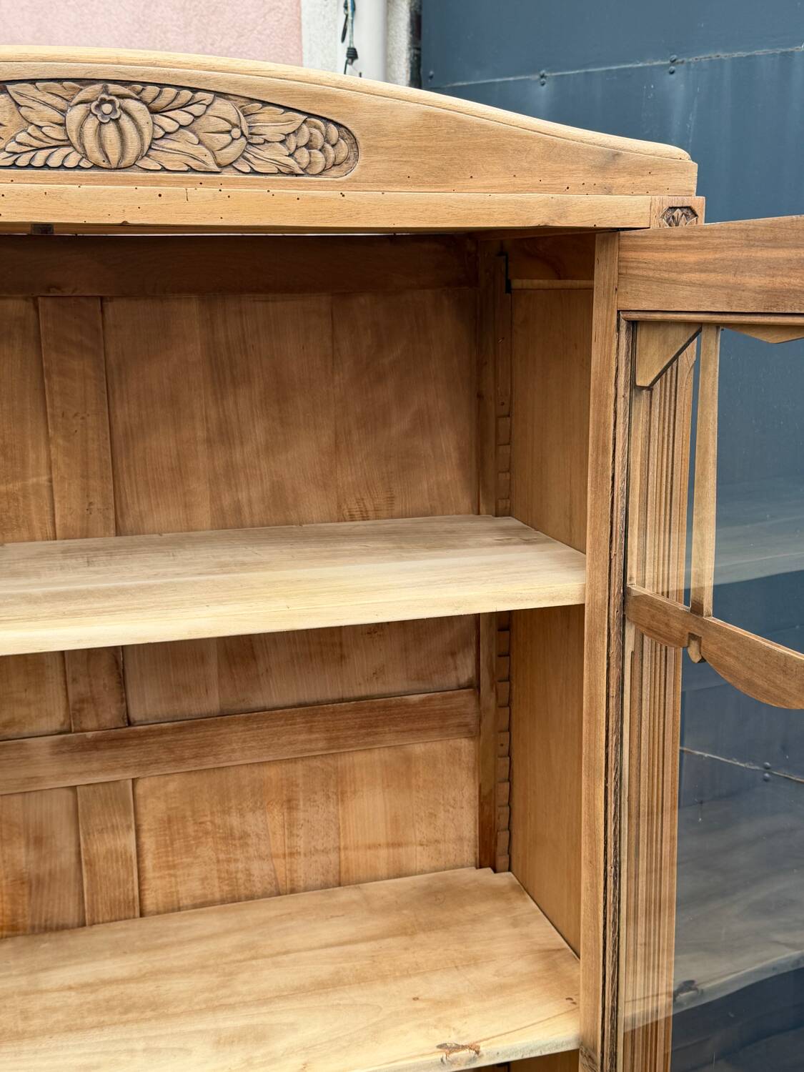 Parisian glass-fronted Art Deco wardrobe in solid raw walnut.