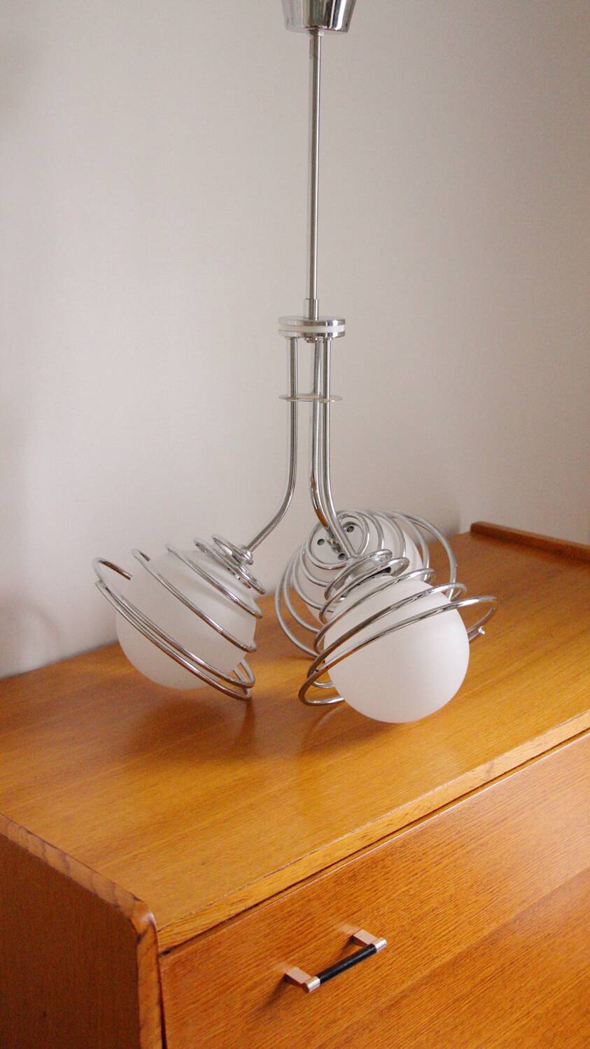 Suspension with 3 opaline and chrome globes, France, 1970.