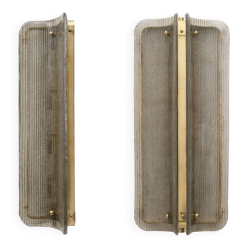 Pair of Big Curved Smoked Ribbed Murano Glass and Brass Wall Sconces