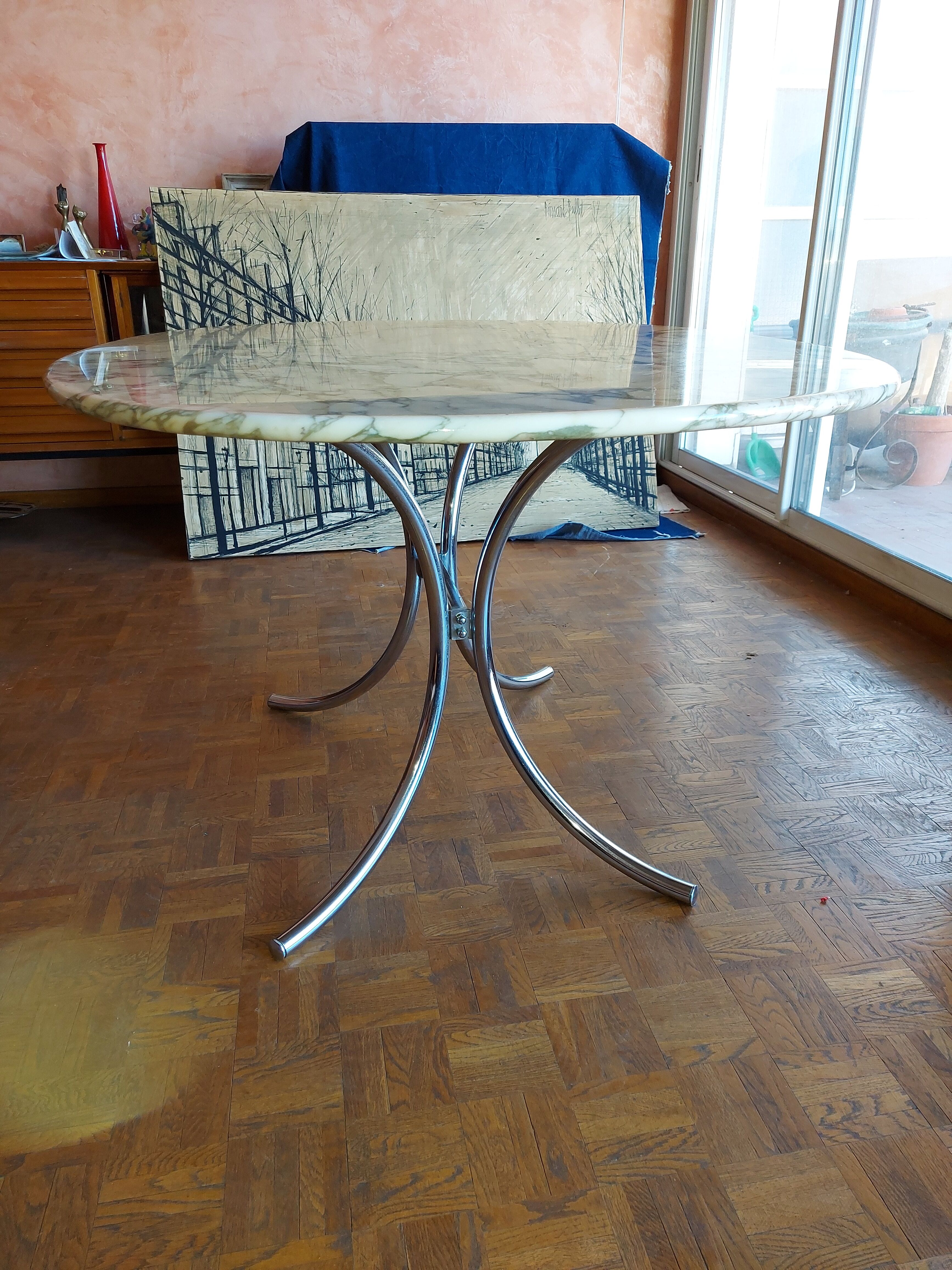 Large dining table in vintage marble 70'S Roche and Bobois