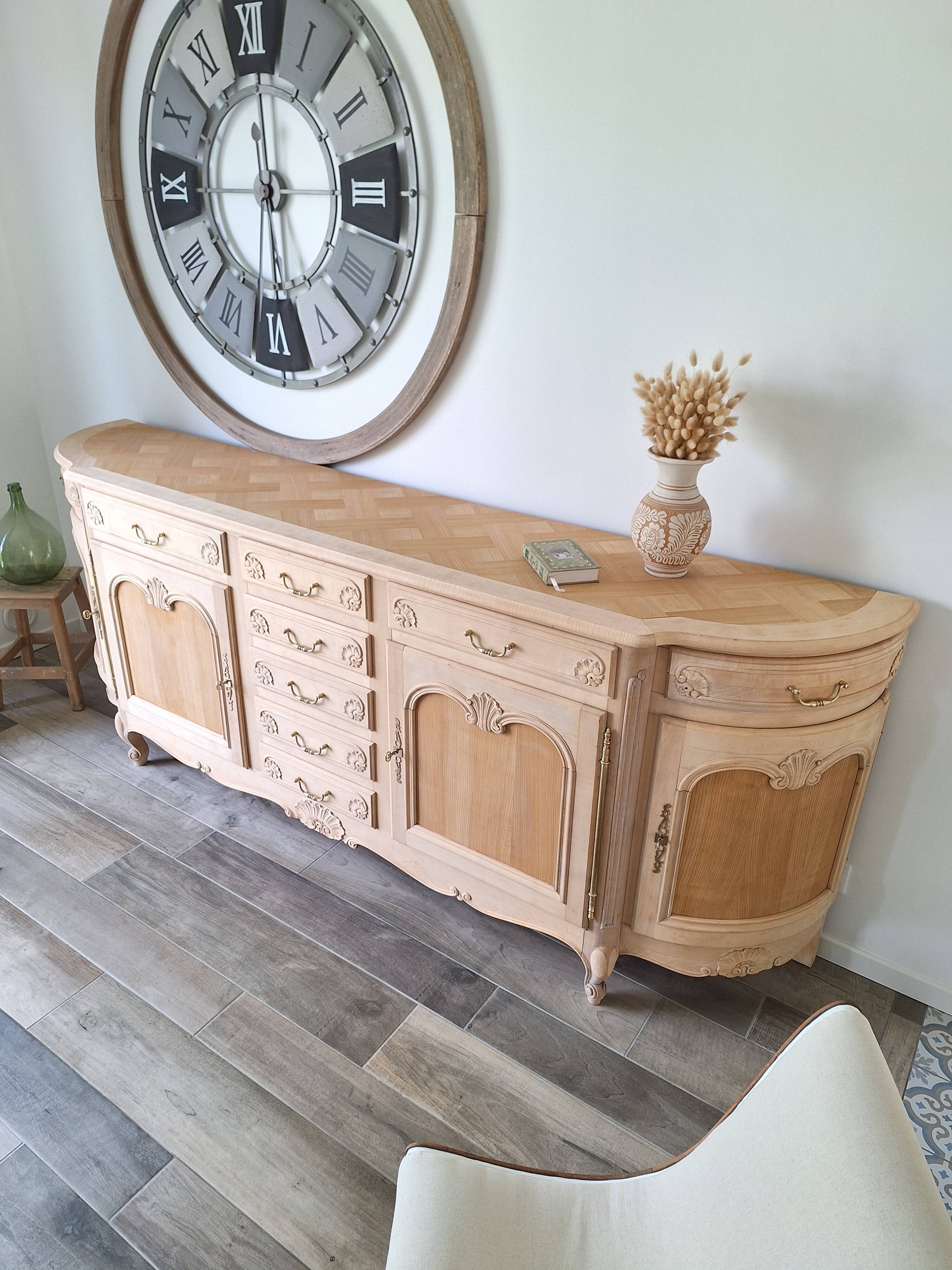 Low buffet in renovated solid cherry wood – Revisited Louis XV style – 250 cm