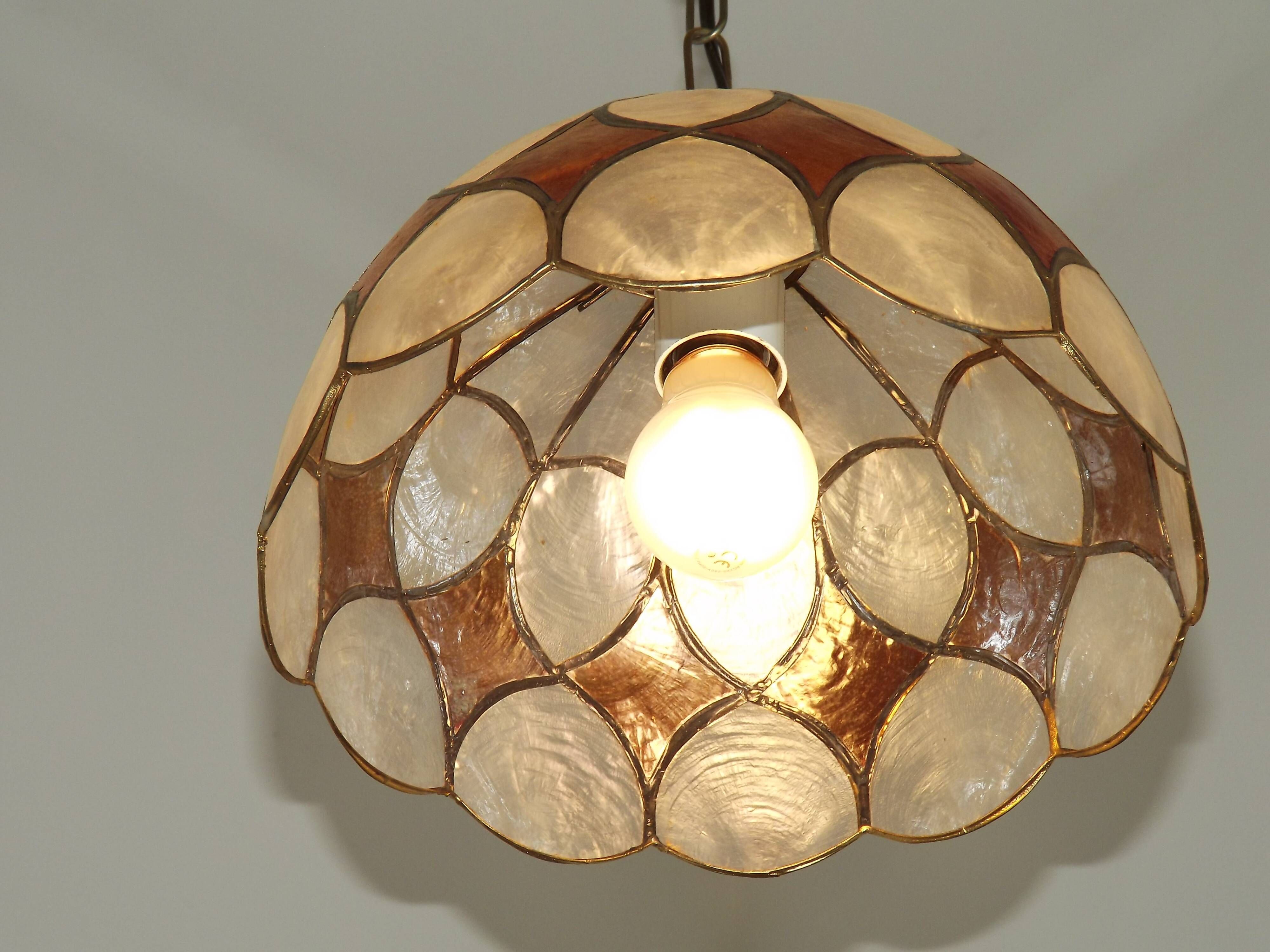 French Vintage Capiz Shell Hanging Pendant Light in Brown & White Gold Trim