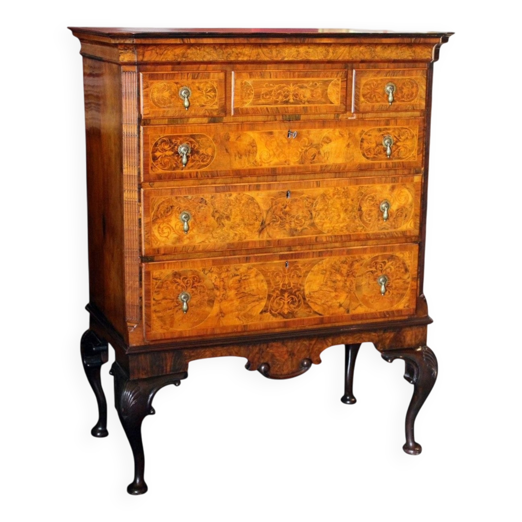 George II Burl Walnut and Marquetry Hightboard, 1890s