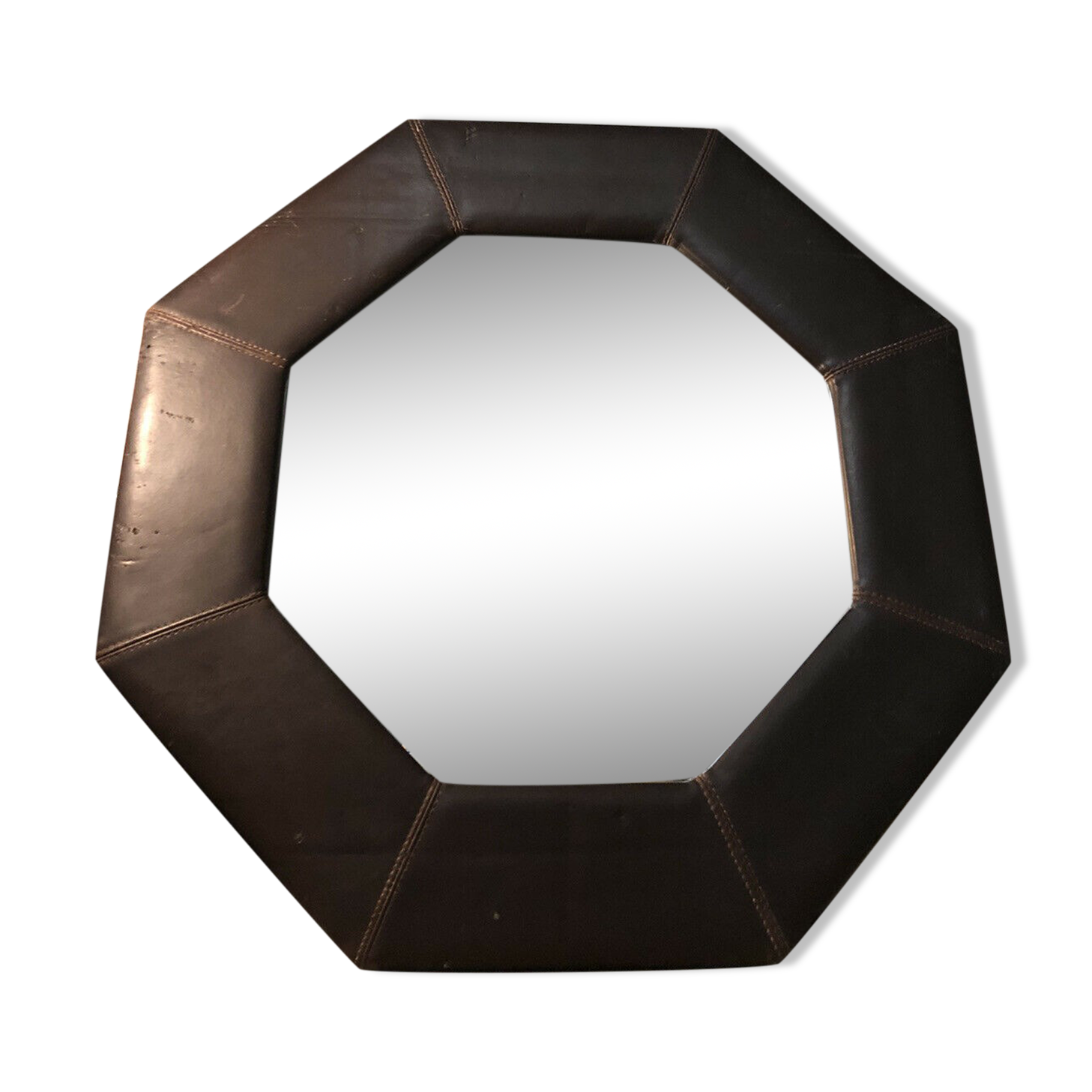 Octagonal wall mirror in vintage brown leather 67,5x67,5 cm