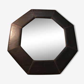 Octagonal wall mirror in vintage brown leather 67,5x67,5 cm