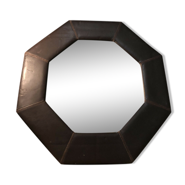 Octagonal wall mirror in vintage brown leather 67,5x67,5 cm