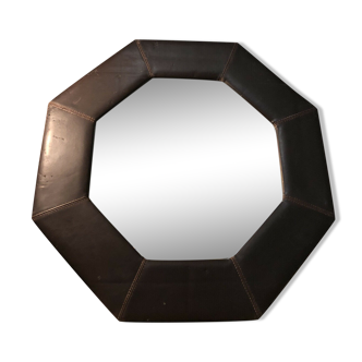 Octagonal wall mirror in vintage brown leather 67,5x67,5 cm