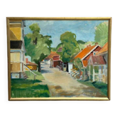 Huile sur toile originale suédoise – Rue avec maisons et arbres par Ulfe – Datée de 1982 – Vintage et encadrée