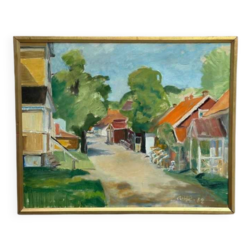 Original Swedish Oil On Canvas – Street With Houses And Trees By Ulfe – Dated 1982 – Vintage & Framed