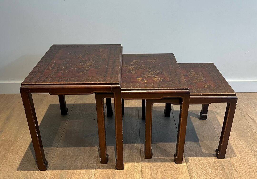 Set of Three Lacquered Nesting Tables with Chinese Decorations, France circa 19