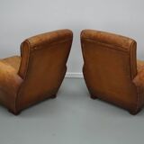 Paire de fauteuils club vintage en cuir cognac français, lot de 2