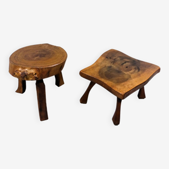 Ensemble de 2 petites tables d'appoint brutalistes en bois pour plantes, années 1960-70