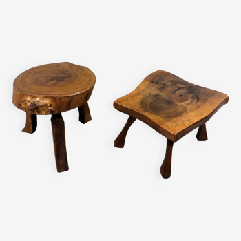 Set of 2 small brutalist wooden plant tables side tables 1960–70’s