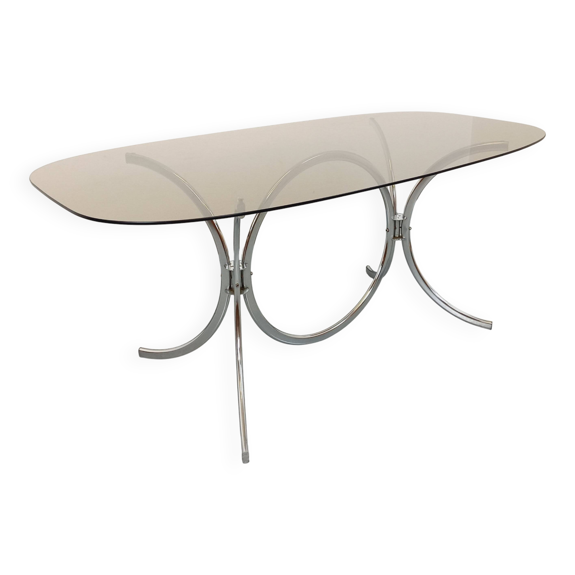 Vintage rectangular rounded dining table in smoked glass and chrome metal