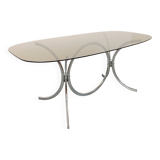Vintage rectangular rounded dining table in smoked glass and chrome metal