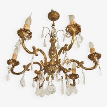 Vintage French Bronze 6 Light Mid Century Chandelier Adorned With Crystals 4757