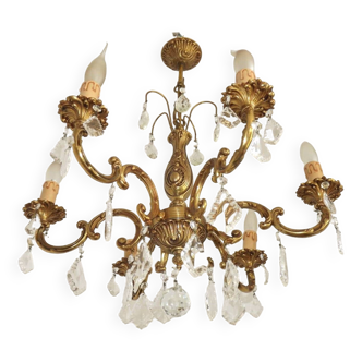 Vintage French Bronze 6 Light Mid Century Chandelier Adorned With Crystals 4757